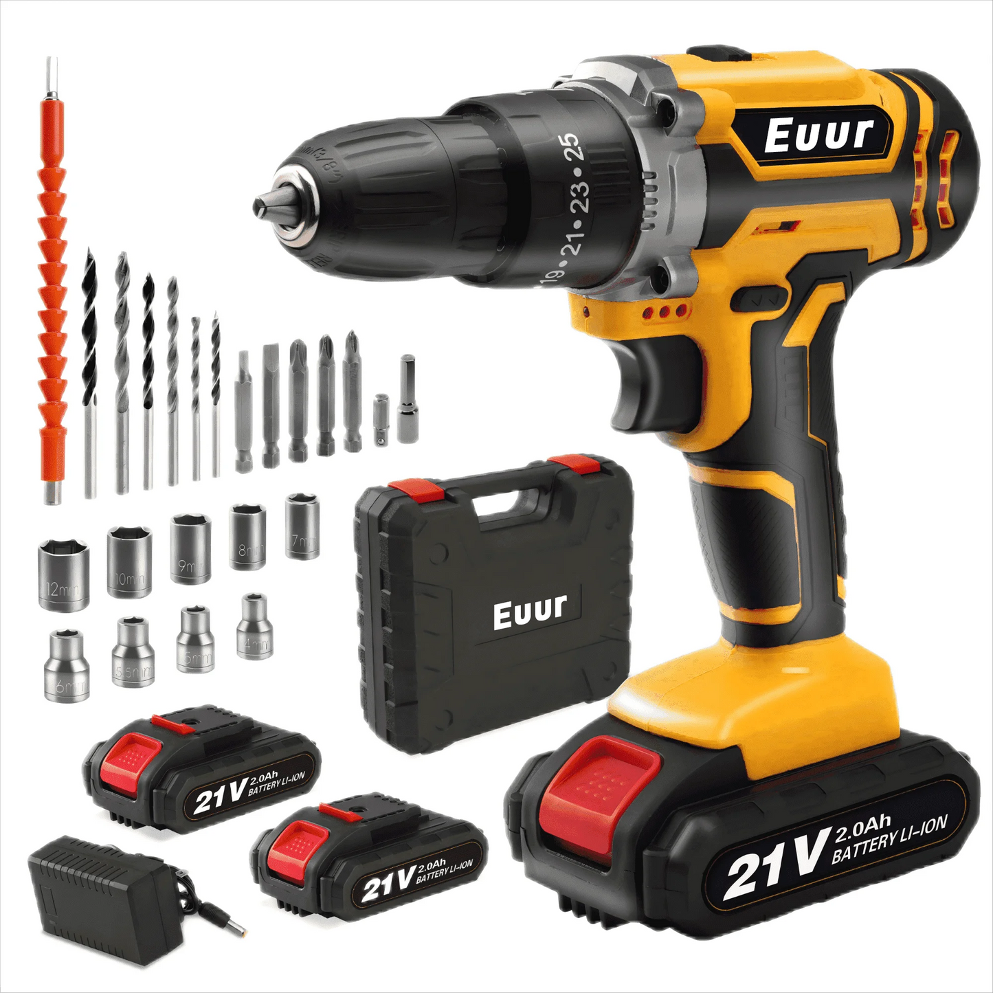 Cordless Drill, 21V Power Drill Set with 2Ah Battery, 3/8"Keyless Chuck, 25+1 Position Electric Drill, 2-Speed Transmission For Screwdriving And Drilling, Yellow