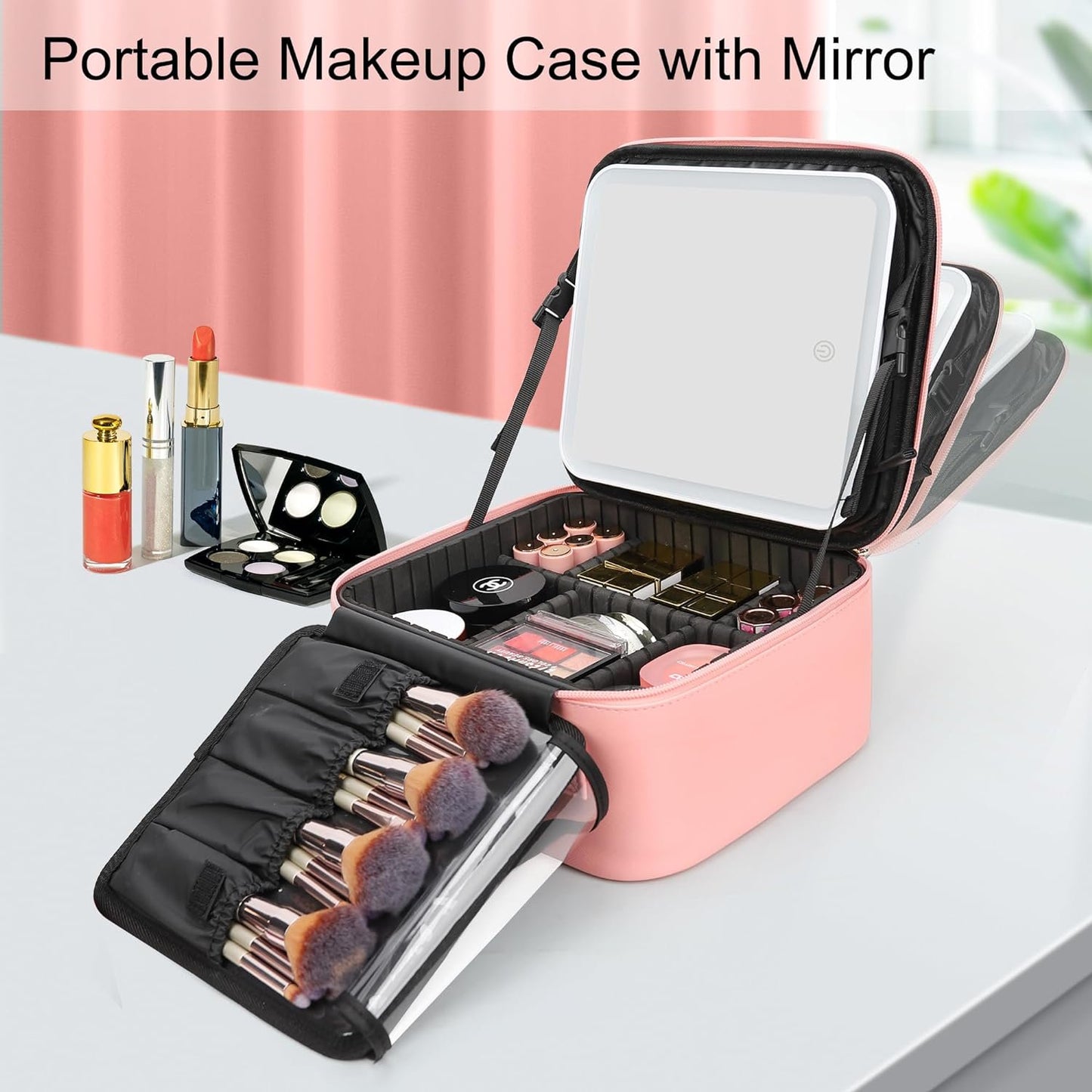 Yzhappy Travel Makeup Bag With LED Mirror, Cosmetic Train Case with Light up Mirror, Portable Makeup Artist Organizer Bag with Adjustable Dividers, Makeup Brush Holder Storage, Pink