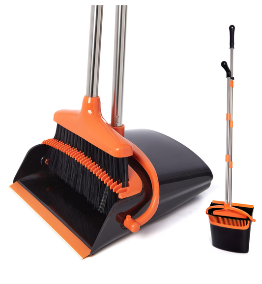 Upgrade Broom and Dustpan Set, Self-Cleaning with Dustpan Teeth, Indoor&Outdoor Sweeping, Ideal for Dog Cat Pets Home Use, Stand Up Broom and Dustpan (Gray&Orange)