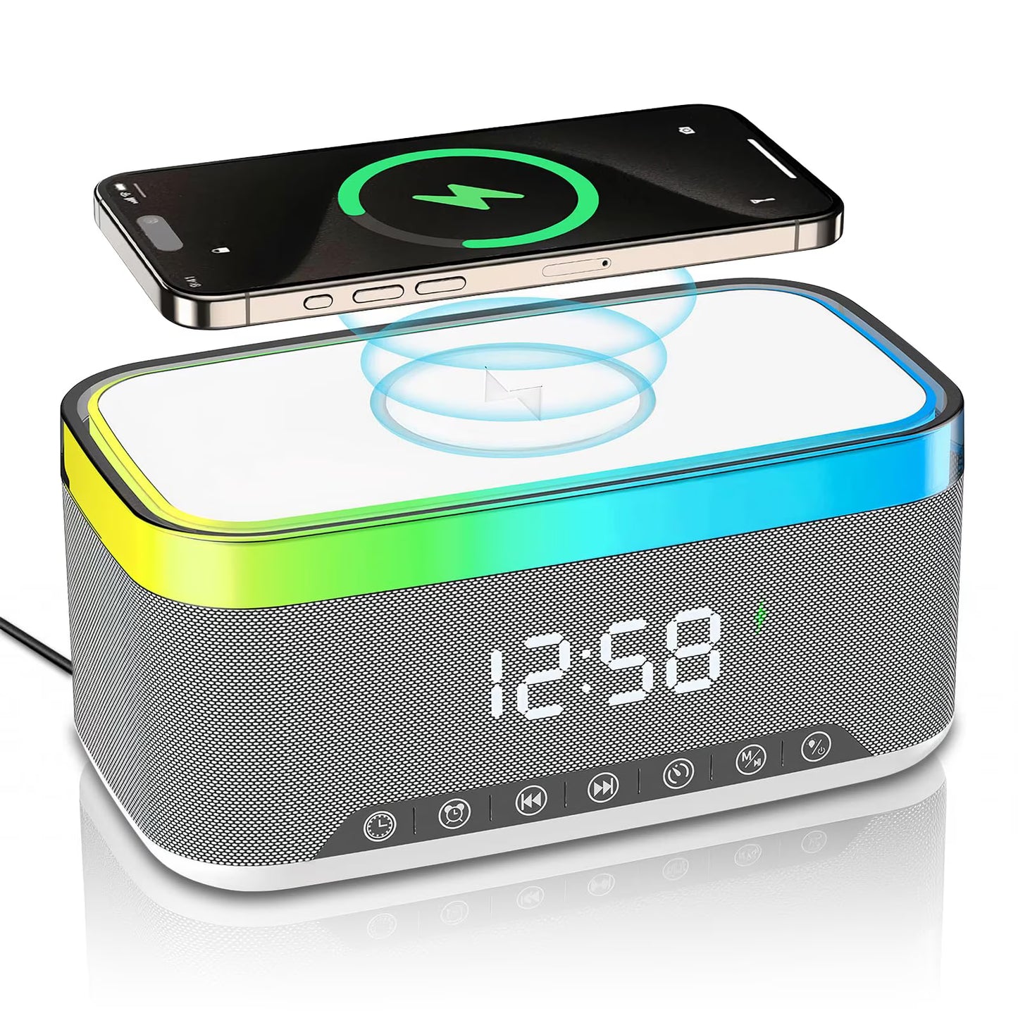 The DreamSky wooden digital alarm clock features wireless charging and is suitable for bedrooms and bedside tables. It comes with a charging dock, USB port, and large digital display.