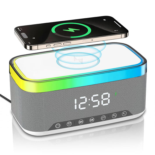 The DreamSky wooden digital alarm clock features wireless charging and is suitable for bedrooms and bedside tables. It comes with a charging dock, USB port, and large digital display.
