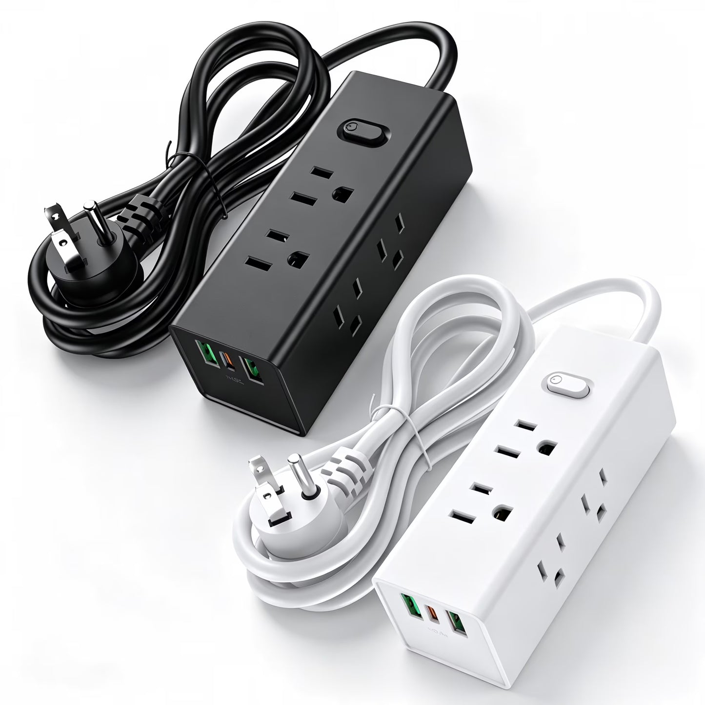 Avoben 360° rotating flat plug power strip with 6 widely spaced sockets, 2 USB-C ports and 1 USB-A port, 1440J surge protector, 5-foot extension cord, suitable for home, travel and office(Pack of 2)