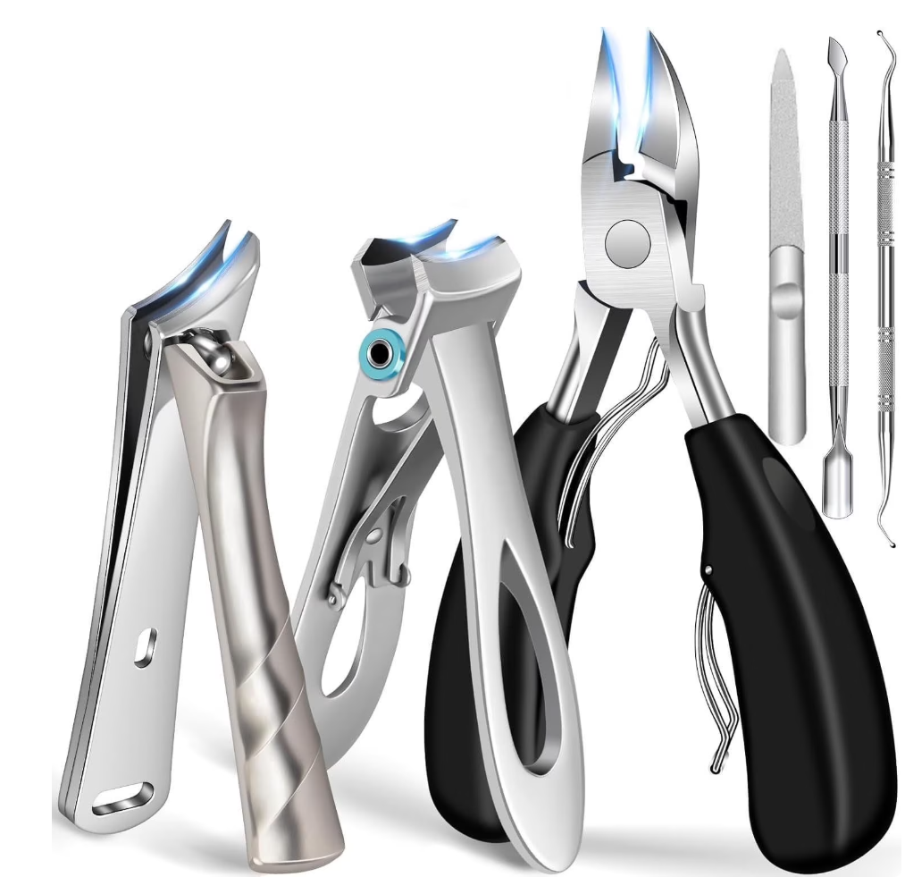 Qinghuai 5 Pack Toenail Clippers Set, Angled Head Large Toe Nail Clippers Set for Men, Heavy Duty Ingrown Toenail Clippers with Wide Jaw, Ultra Sharp Slanted Nail Cutter with Long Handle