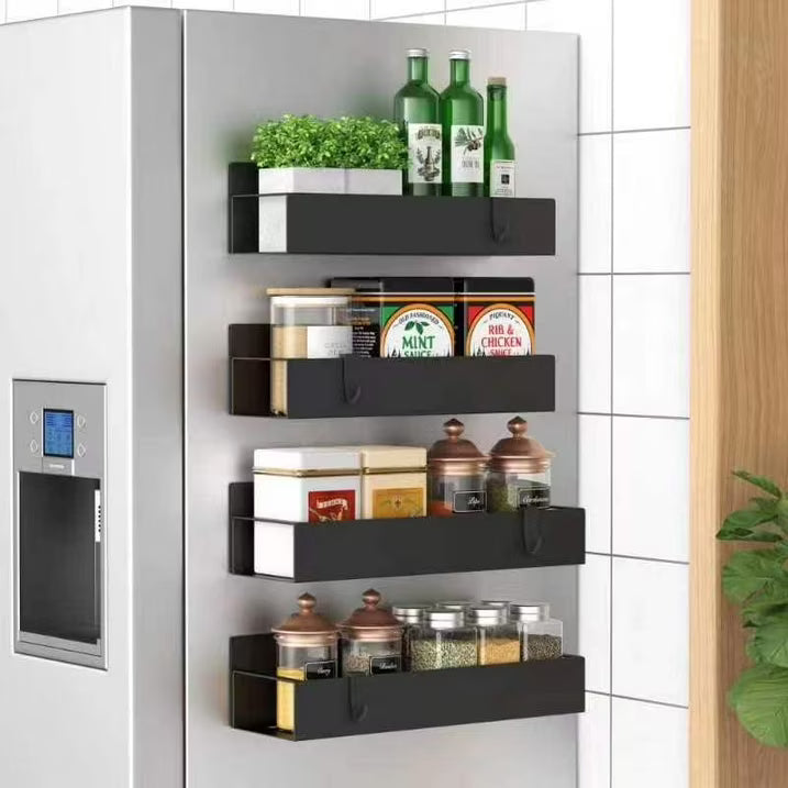 Magnetic Spice Rack Organizer, 4 Pack Moveable Fridge Spice Shelves for Refrigerator and Oven, Metal Refrigerator Shelf-Black