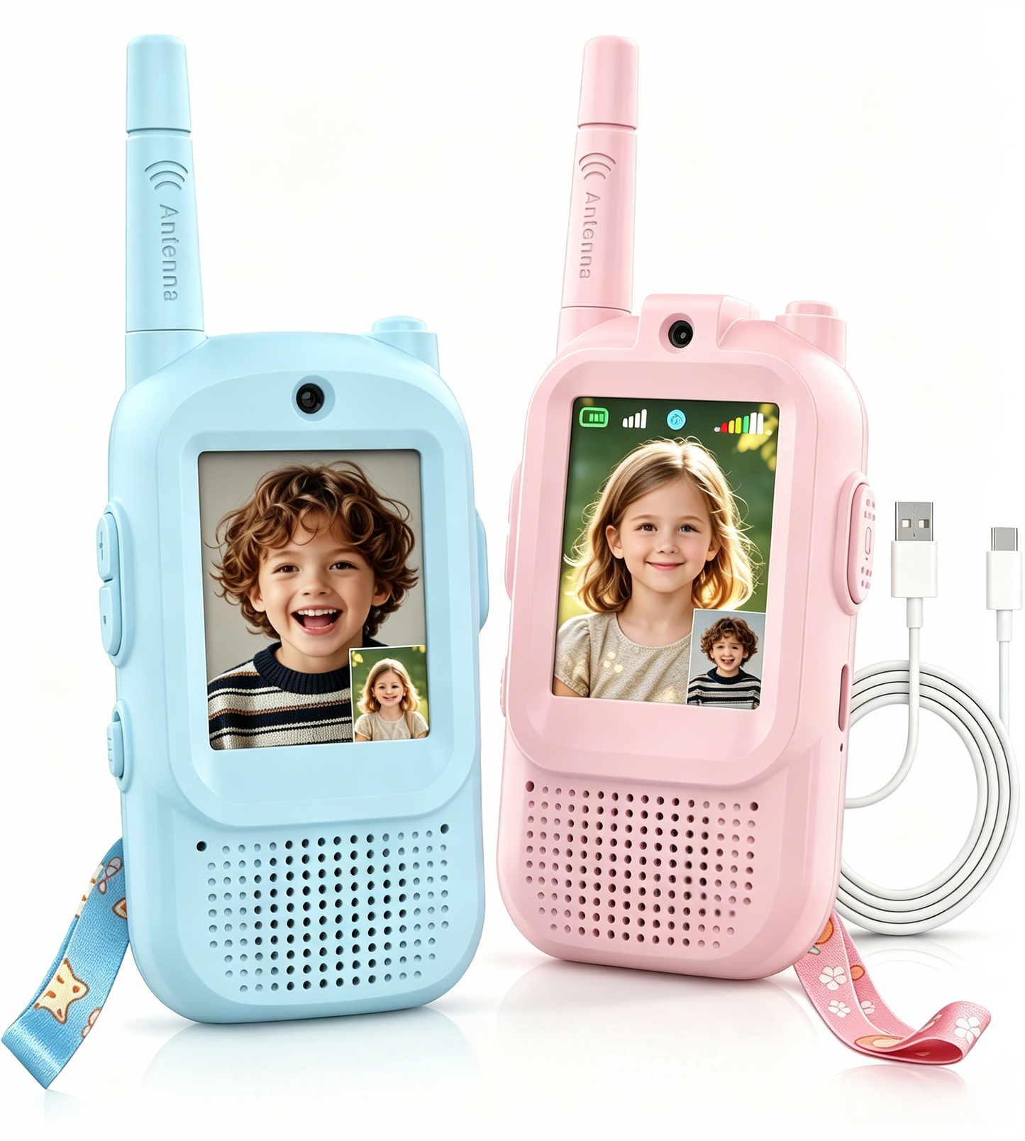 Video Walkie Talkies for Kids, Handheld 2 Pack Rechargeable Video Intercom Kids Walkies Talkies, Indoor Outdoor Toys for Family Games, Outside, Camping, Hiking for Boys Girls Ages 3-12 (Blue/Pink)