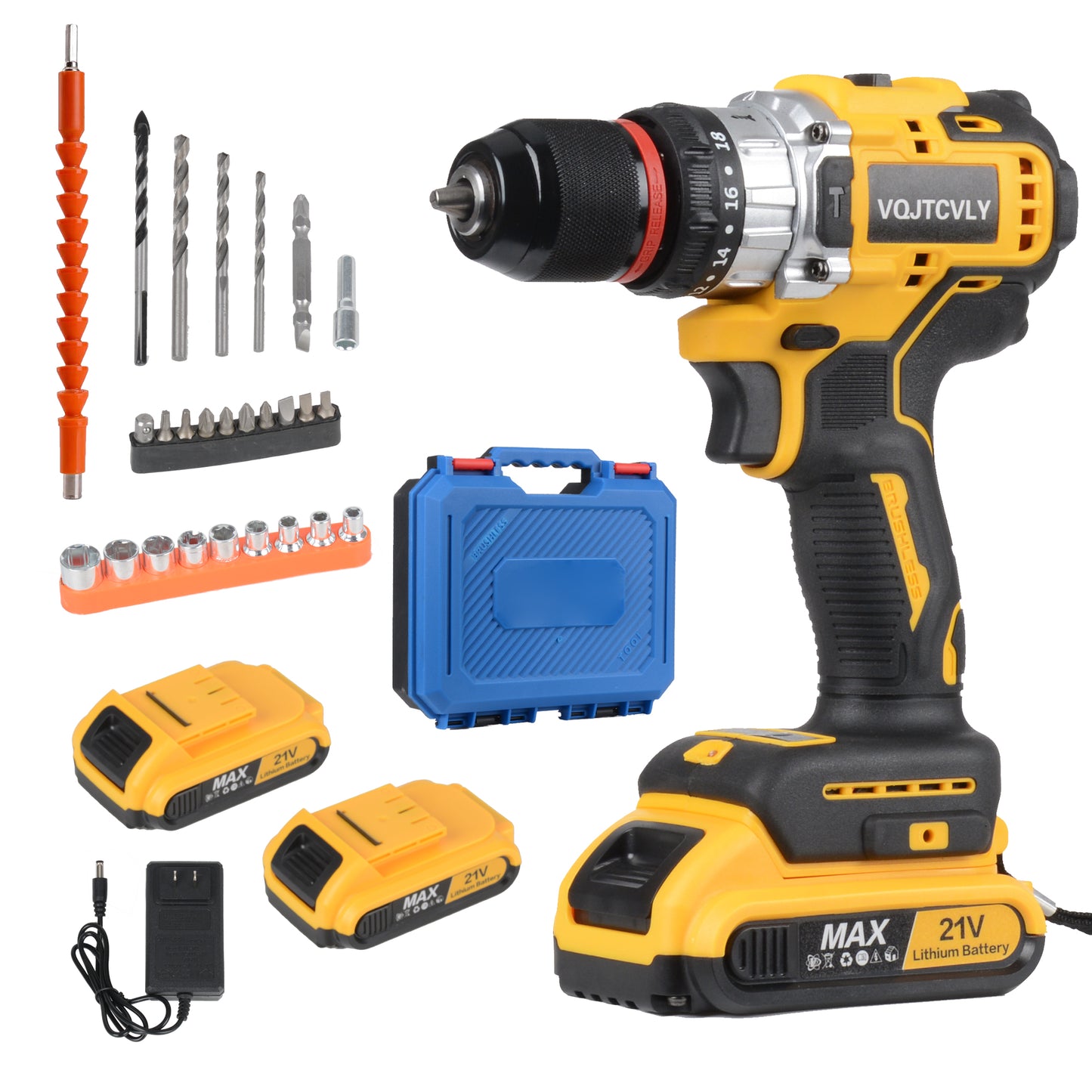 21V MAX Brushless Cordless Drill Set, Power Drill Kit with Battery and Charger, 3/8-Inch Keyless Chuck, Variable Speed, 18 Position and 26pcs Drill Bits (Yellow)