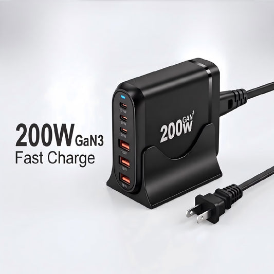 Avoben 200W USB C Charger, GaN Ⅲ PD 100W 6-Port Charging Station for Multiple Devices, Portable Laptop Fast Charging, Adapter for iPad iPhone 17 16 15 14 13 12, MacBook Pro Galaxy, 5ft Cord