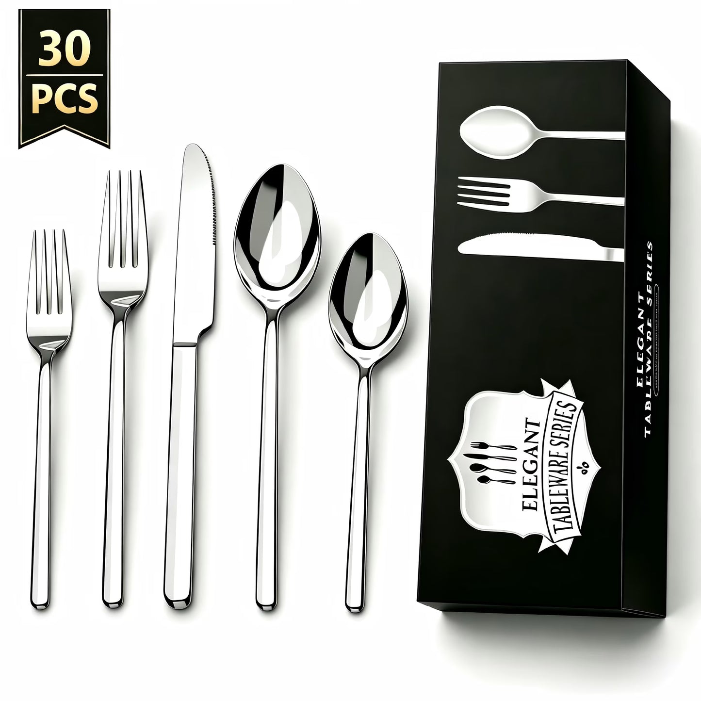 Yilush Silverware Set, 30 Piece Flatware Cutlery Set for 6, 18/10 Stainless Steel Silverware Mirror Polished Dishwasher Safe for Home, Restaurant, Wedding, Party(Silver, 30 pieces for 6)