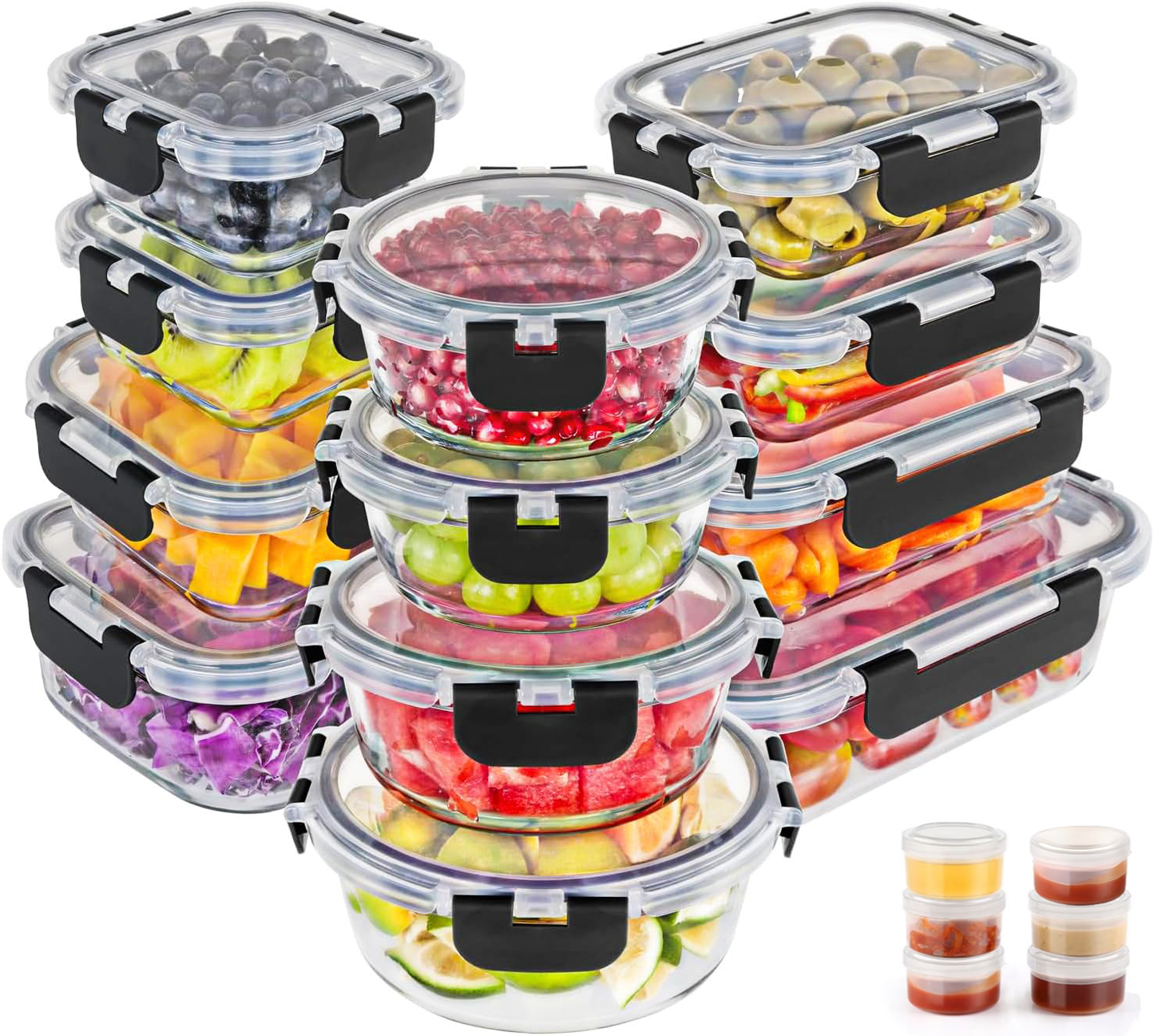 36pcs Glass Food Storage Containers with Lids Set, Airtight Meal Prep Containers (18 Containers & 18 Lids), Black