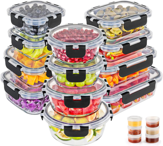36pcs Glass Food Storage Containers with Lids Set, Airtight Meal Prep Containers (18 Containers & 18 Lids), Black