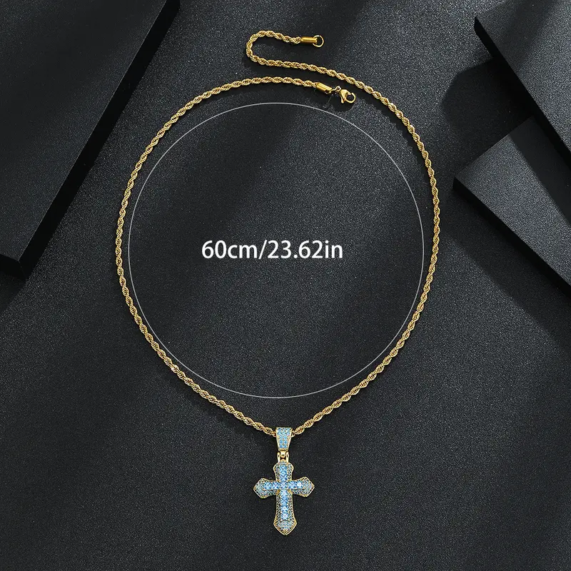 EHIW Crystal Cross Pendant Necklace, Blue Zircon Stones, Silver Chain, 24 Inches