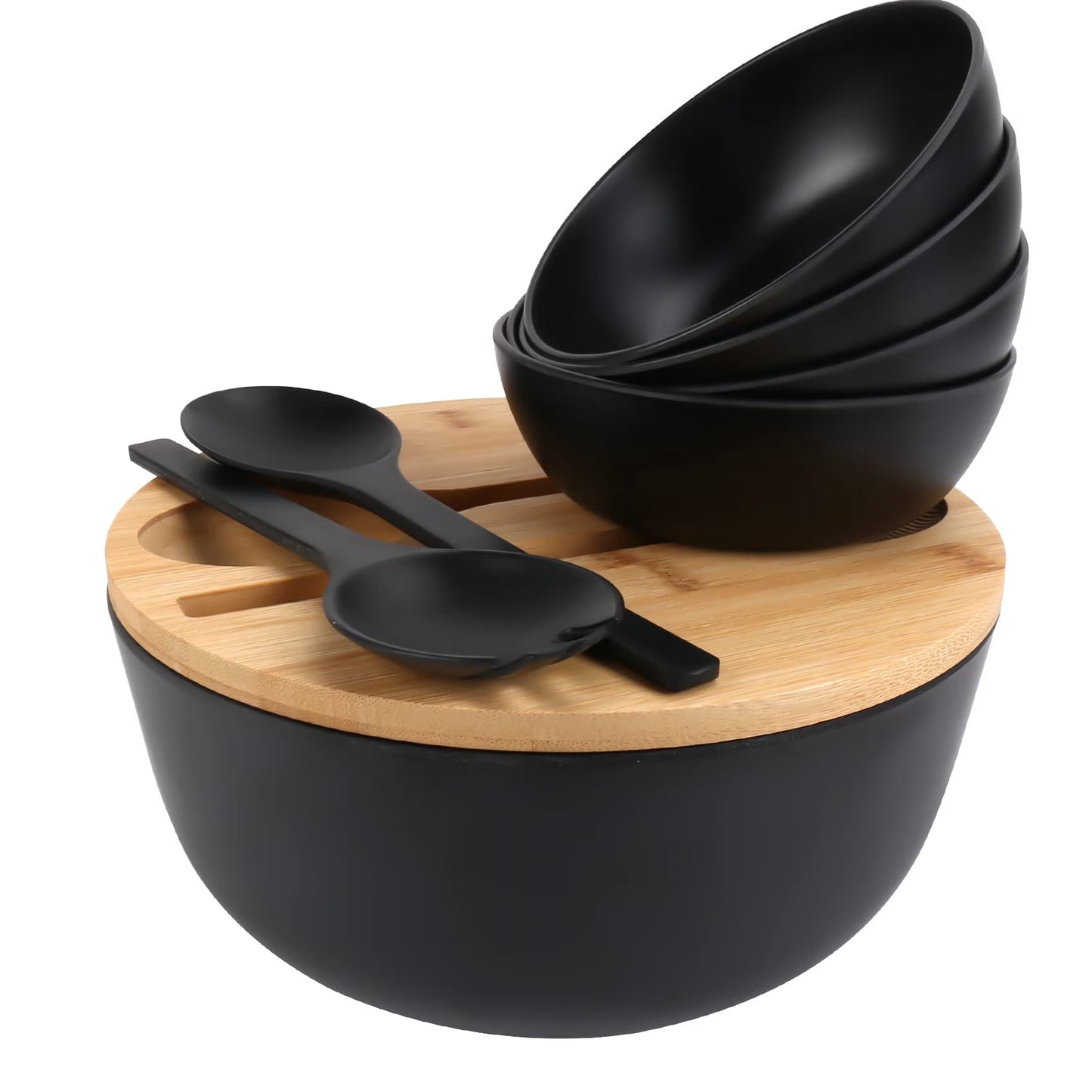 Bamboo Fiber Salad Bowl with Servers Set Large 9.8inches Nature Bamboo Mixing Bowl with Servers with Lid Spoon and Fork for Fruits,Salads and Vegetables