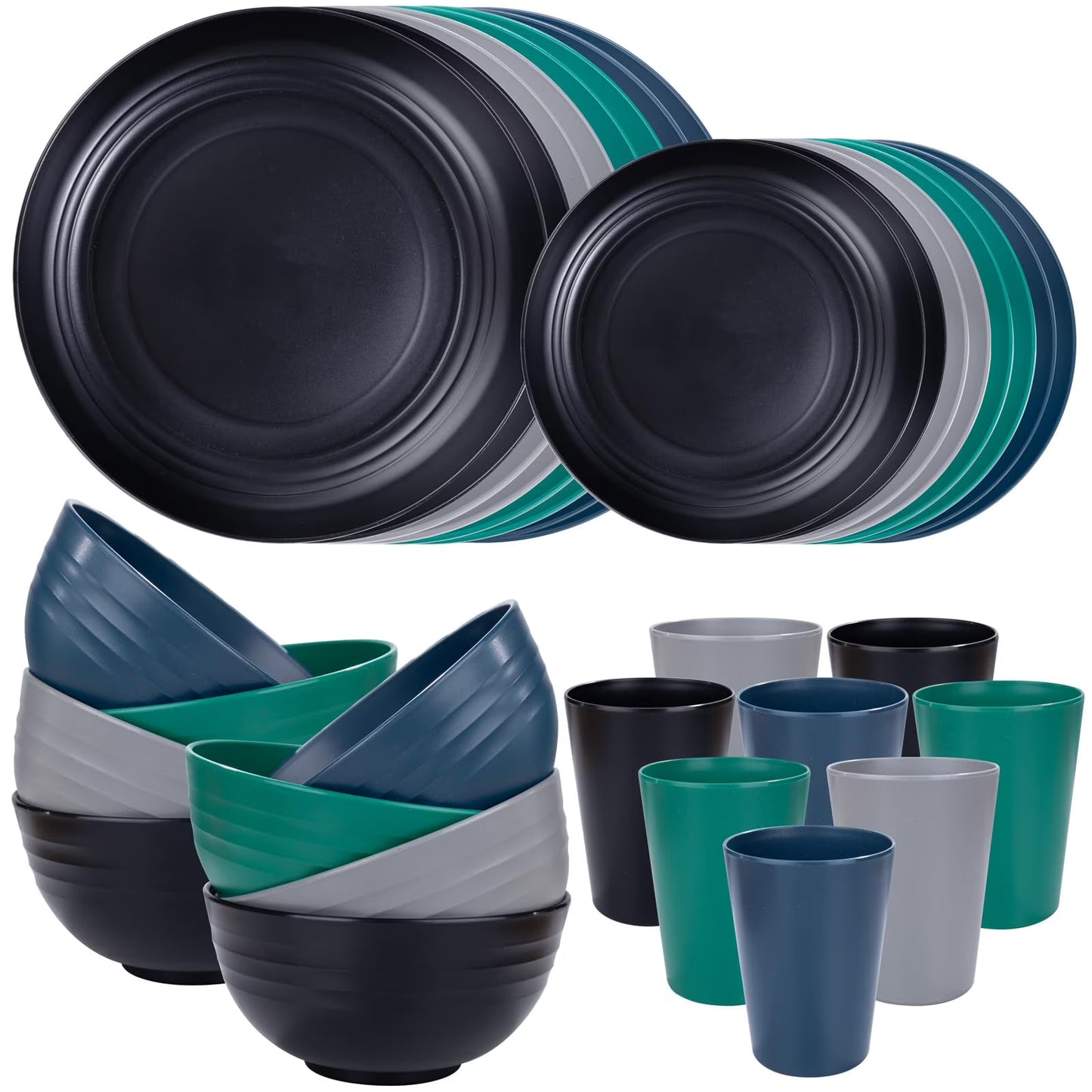 LVL Wheat Straw Dinnerware, Microwave Dishwasher Safe, Unbreakable Light Weight Plates Service For 8, Reusable Tableware Set, Multicolor Set 16pcs Plates, 8pcs Bowls, 8pcs Cups- Black