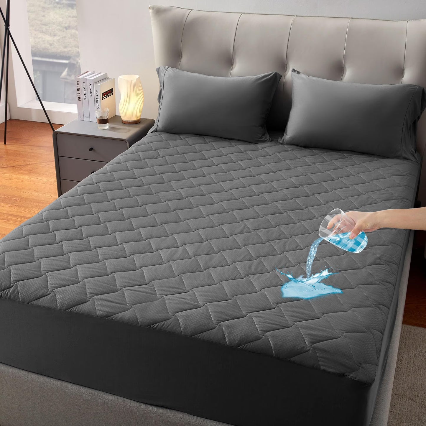Waterproof Mattress Protector Pad Queen Machine Washable, Breathable Mattress Topper with Deep Pockets, All-Season Use, Hotel Quality (Queen, Grey)