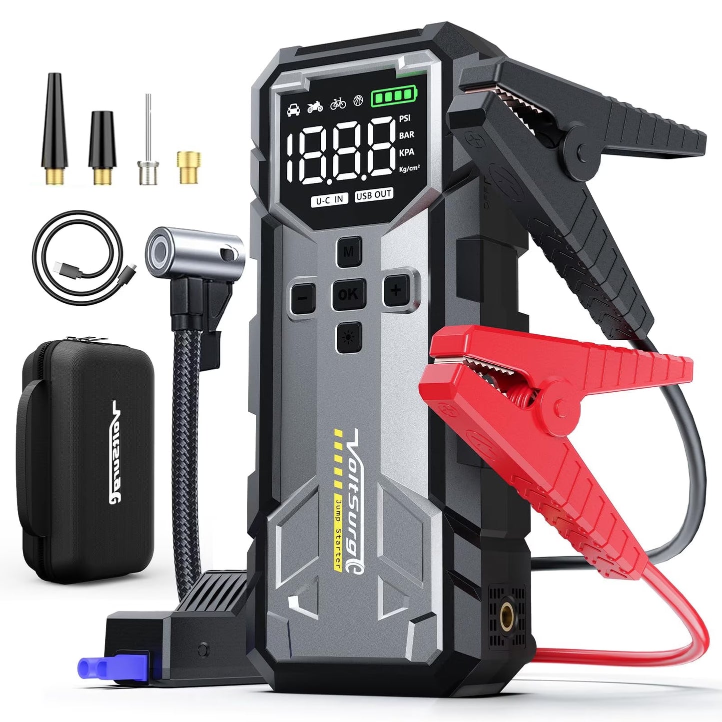 Tmdioo 8000A Jump Starter with Air Compressor, 12V Jump Box for Car Battery (All Gas/10.0L Diesel) Portable Jumper Starter Pack with 150PSI Auto Tire Inflator, LCD Display, Lights & Booster Cable
