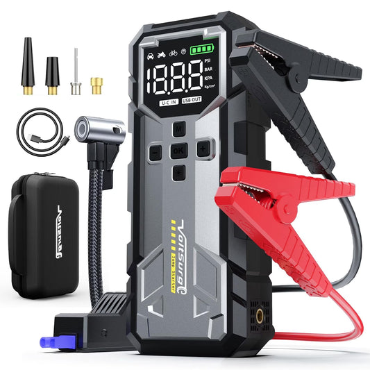 Tmdioo 8000A Jump Starter with Air Compressor, 12V Jump Box for Car Battery (All Gas/10.0L Diesel) Portable Jumper Starter Pack with 150PSI Auto Tire Inflator, LCD Display, Lights & Booster Cable