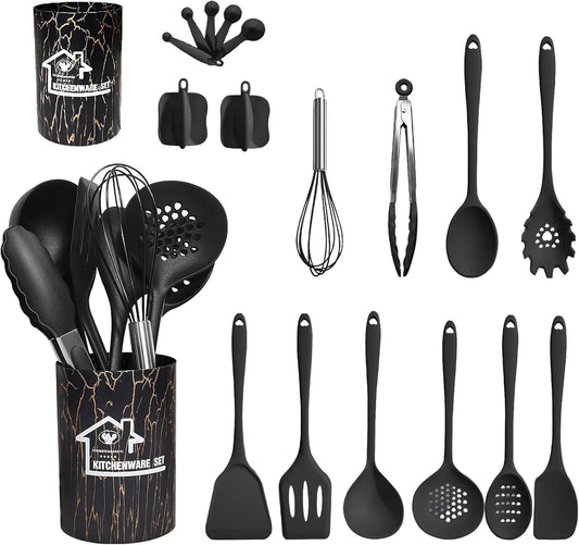 18PCS Silicone Cooking Utensils Set - 446°F Heat Resistant Kitchen Utensils,Turner Tongs,Spatula,Spoon,Brush,Whisk,Kitchen Utensil Gadgets Tools Set for Nonstick Cookware,Dishwasher Safe - Black