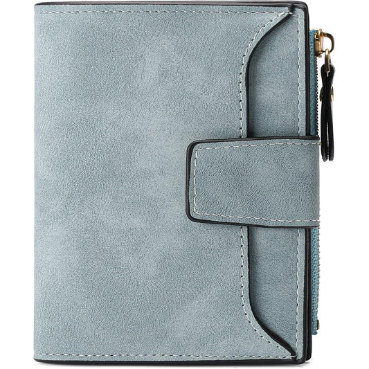 EHIW Small Wallet for Women, Bifold Compact Breathable Soft Leather Wallet with Card Holder, Zipper Coin Pocket and ID Window, Blue