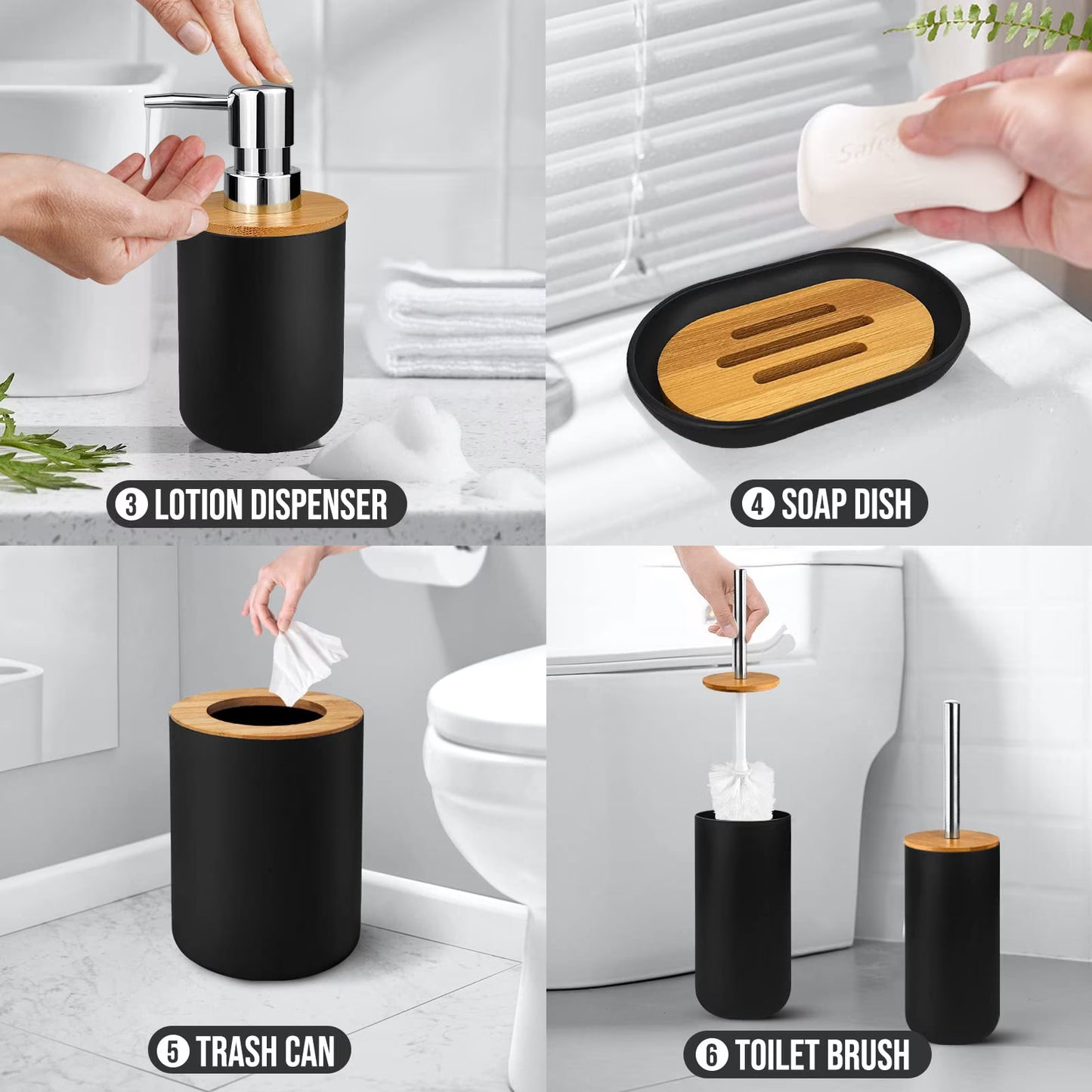 Bathroom Accessories Set 6 Pcs Bathroom Set Ensemble Complete Soap Dispenser Toothbrush Holder Tumbler Soap Dish Toilet Cleaning Brush Trash Can, Thread Black