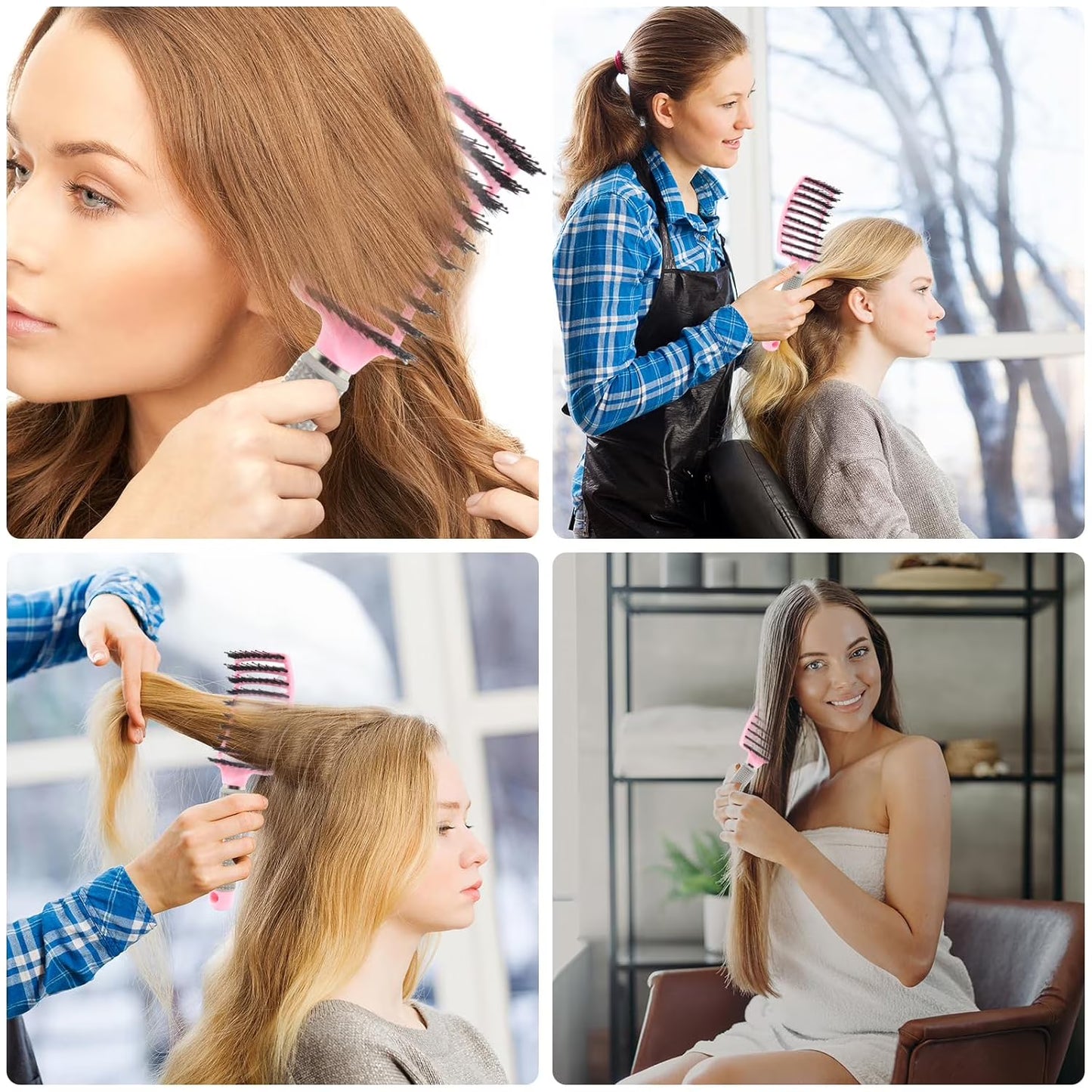 3 Pieces Curved Vented Boar Bristle Hair Brushes,curly hair brushwet brush detangling brush , Long and Curly Hair, 3 Colors: White, Pink, Black
