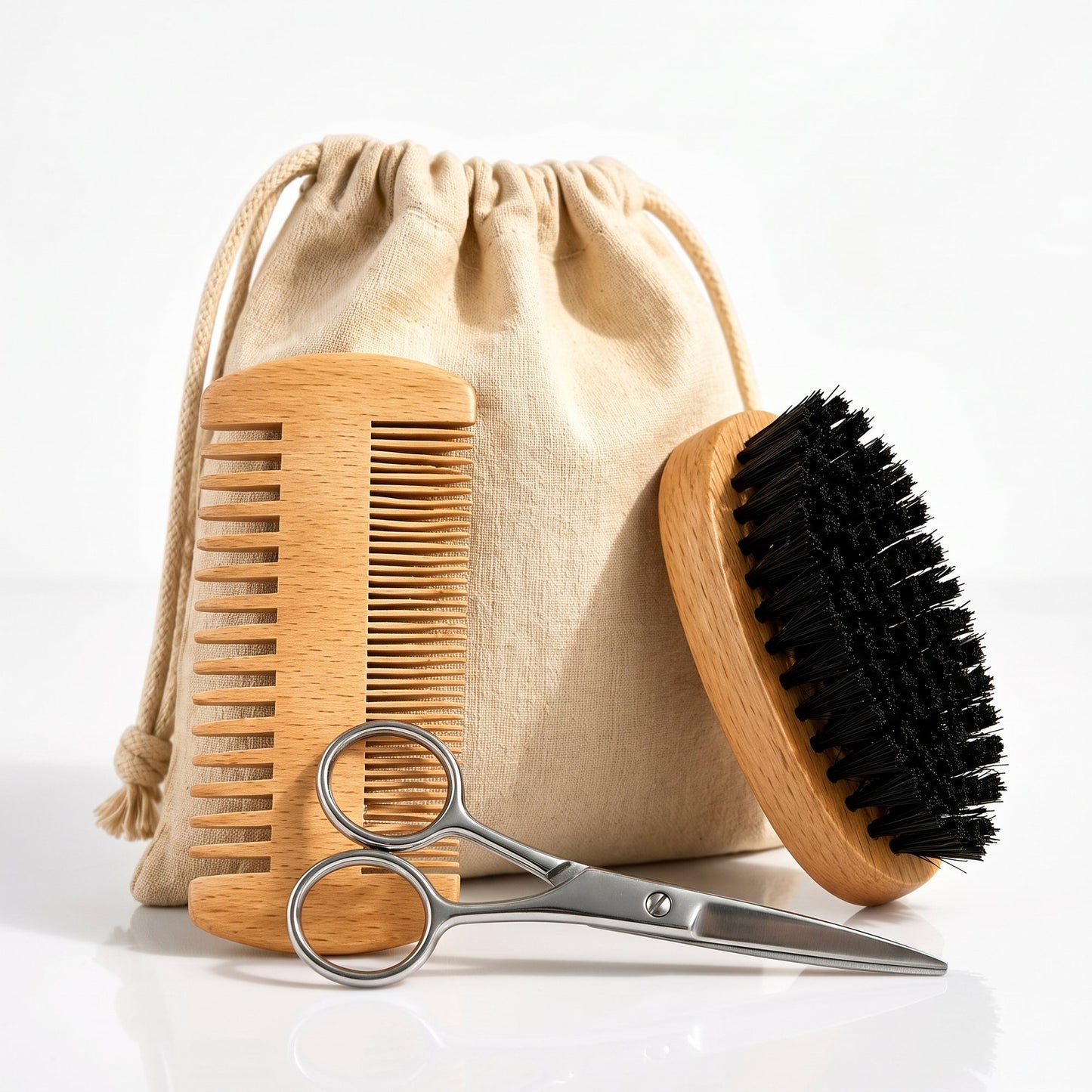 Beard Comb & Beard Brush Set for Men -Natural Boar Bristle Brush and Dual Action Pear Wood Comb w/Velvet Travel Pouch - Great for Grooming Beards and Mustaches