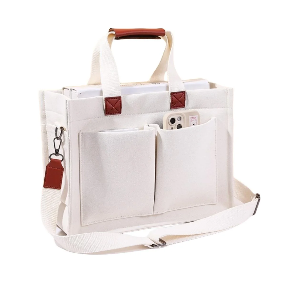 EHIW Tote Bag for Women With Compartments,Large Canvas Tote Women's Purse Crossbody Bags Work Laptop Book Bag Satchels Handbags,White