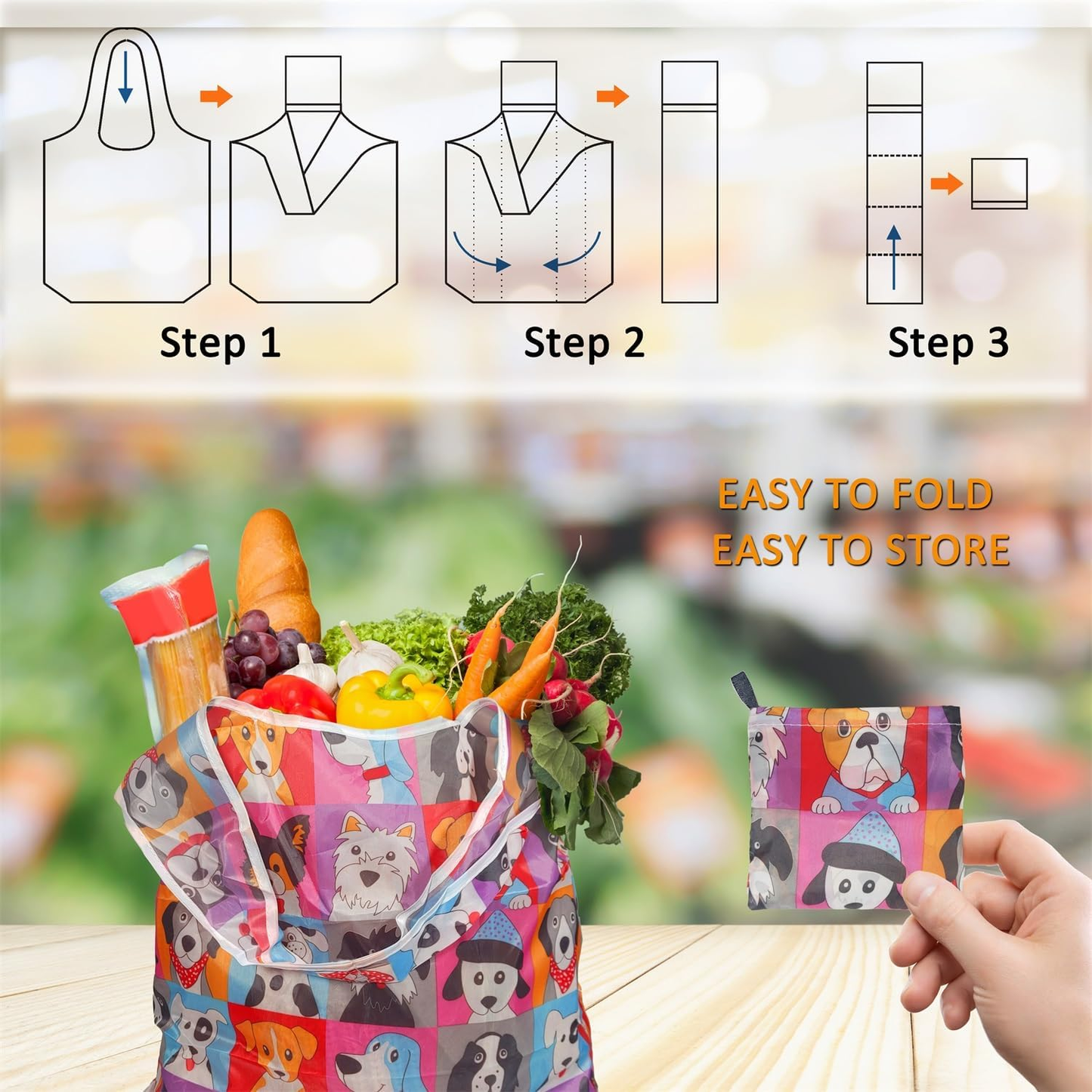 EHIW Reusable Grocery Bags, 10 Pack 50Lbs Foldable Fashion Washable Shopping Bags, Large Boho Tote Bags For Groceries, Bulk Market Cloth Storage Bags, Random