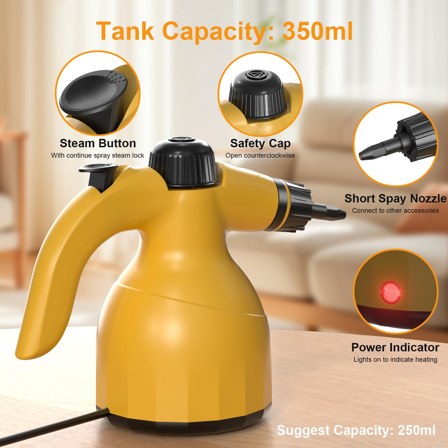 LVL 350ml Handheld Steam Cleaner: Multi-Surface Steamer with 12 PCS Accessories Pressurized Natural Steam Cleaner for Home Cleaning Dirt, Grease, Grout, Tile, Floor, Couch and Car-Yellow