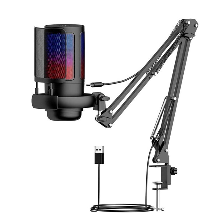 Gaming USB Microphone for PC，Podcast Microphone Kit for Streaming, Condenser Mic with Quick Mute, Boom Arm, Pop Filterm, RGB Indicator, Shock Mount, Rotate gain Button, Compatible with PS4/5/PC