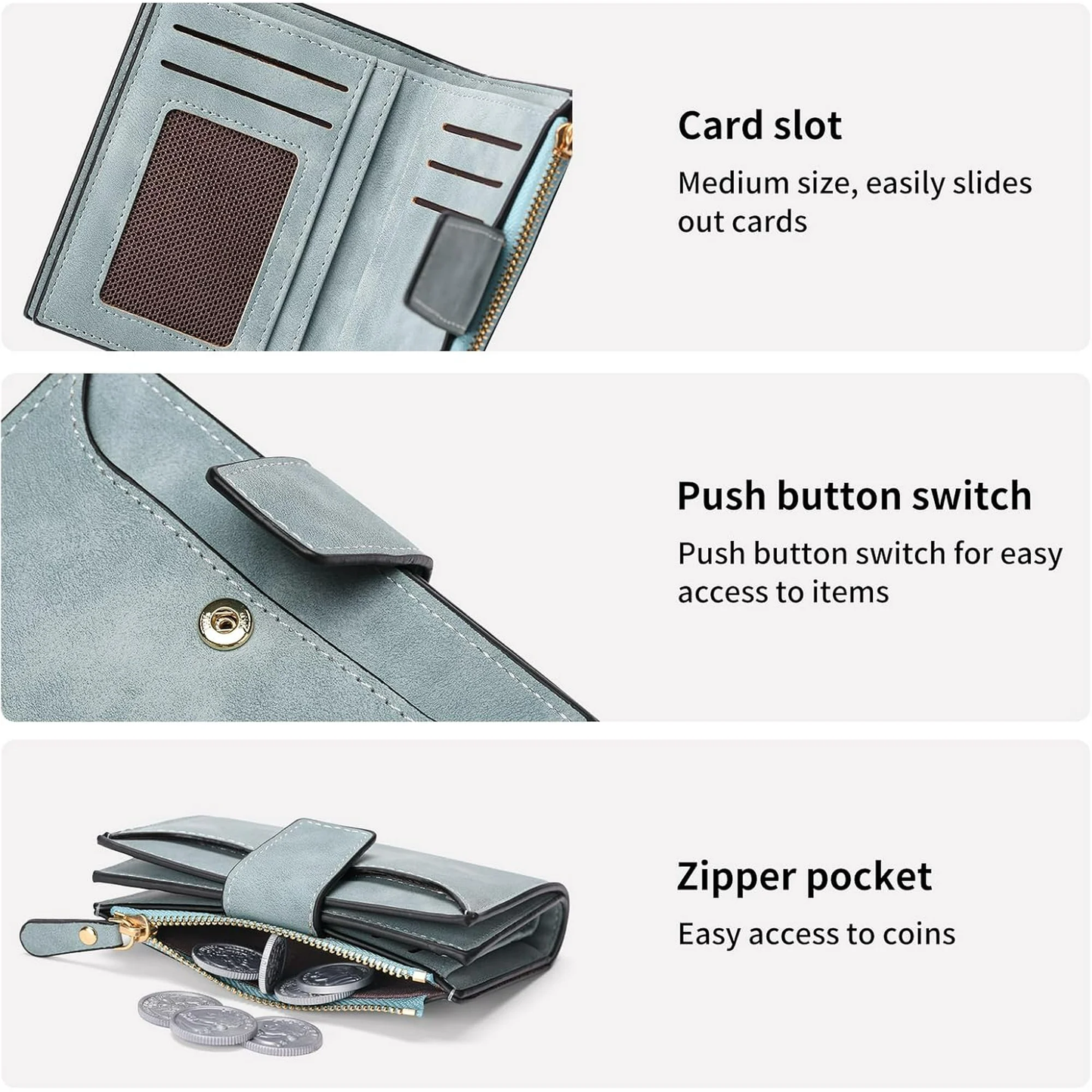EHIW Small Wallet for Women, Bifold Compact Breathable Soft Leather Wallet with Card Holder, Zipper Coin Pocket and ID Window, Blue