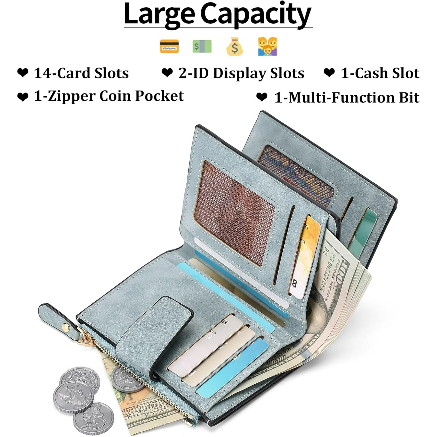 EHIW Small Wallet for Women, Bifold Compact Breathable Soft Leather Wallet with Card Holder, Zipper Coin Pocket and ID Window, Blue