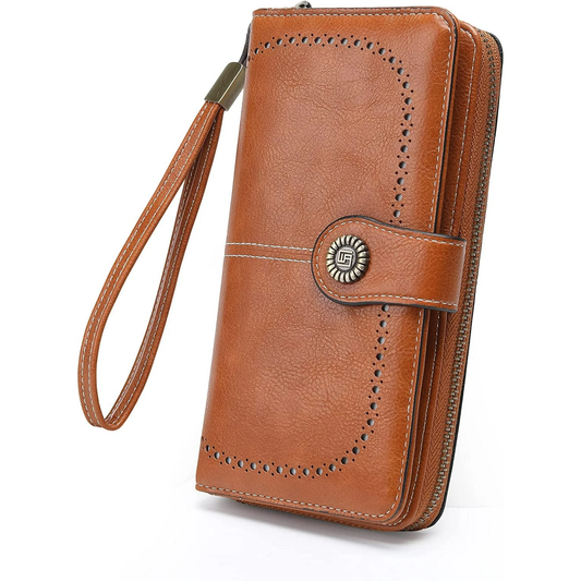 EHIW Wallets for Women Leather Credit Card Holder with RFID Blocking Large Capacity Wristlet , Brown
