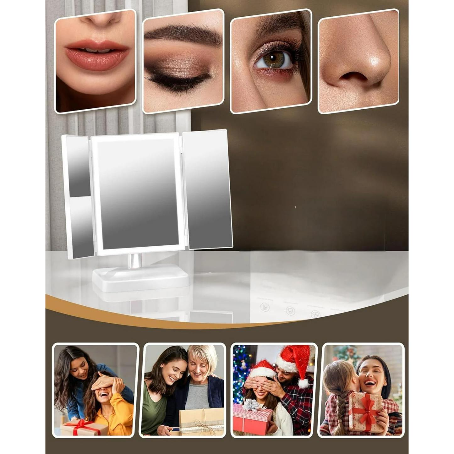 Yzhappy Makeup Vanity Mirror with Lights, 1X 2X 3X Magnification, Lighted , Touch Control, Trifold , Dual Power Supply, Portable LED Makeup Mirror, Women Gift (White)