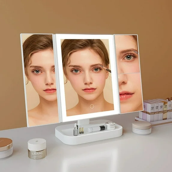 Yzhappy Makeup Vanity Mirror with Lights, 1X 2X 3X Magnification, Lighted , Touch Control, Trifold , Dual Power Supply, Portable LED Makeup Mirror, Women Gift (White)