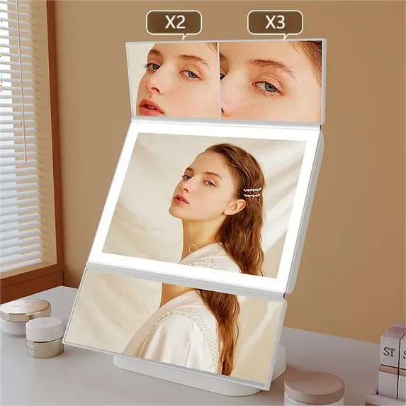 Yzhappy Makeup Vanity Mirror with Lights, 1X 2X 3X Magnification, Lighted , Touch Control, Trifold , Dual Power Supply, Portable LED Makeup Mirror, Women Gift (White)