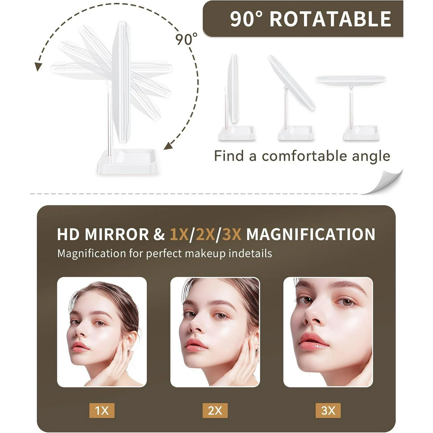 Yzhappy Makeup Vanity Mirror with Lights, 1X 2X 3X Magnification, Lighted , Touch Control, Trifold , Dual Power Supply, Portable LED Makeup Mirror, Women Gift (White)