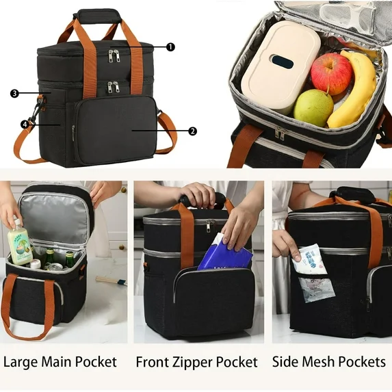 EHIW Insulated Lunch Box for Men & Women - Leak-Proof Cooler Lunch Bag with 5 Pockets, Adjustable Strap, Ideal for Work, Picnic, Travel - Medium, Black, 10.2"×6.7"×9.4"