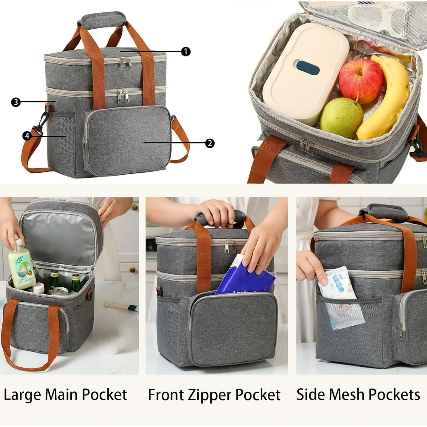 EHIW Insulated Lunch Box for Men & Women - Leak-Proof Cooler Lunch Bag with 5 Pockets, Adjustable Strap, Ideal for Work, Picnic, Travel - Medium, Gray, 10.2"×6.7"×9.4"