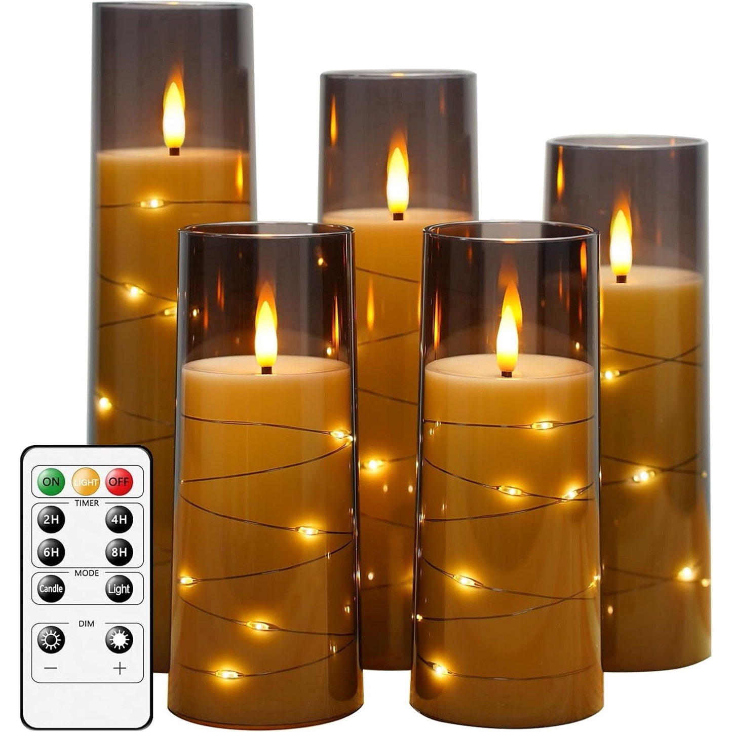 Flameless LED Candles with Timer 5 Pc Flickering Flameless Candles for Romantic Ambiance and Home Decoration Stable Acrylic Shell,with Embedded Star String，Battery Operated Candles（Grey）