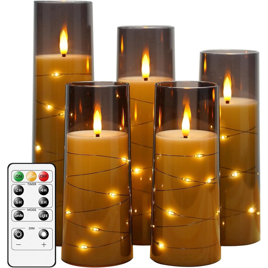 Flameless LED Candles with Timer 5 Pc Flickering Flameless Candles for Romantic Ambiance and Home Decoration Stable Acrylic Shell,with Embedded Star String，Battery Operated Candles（Grey）