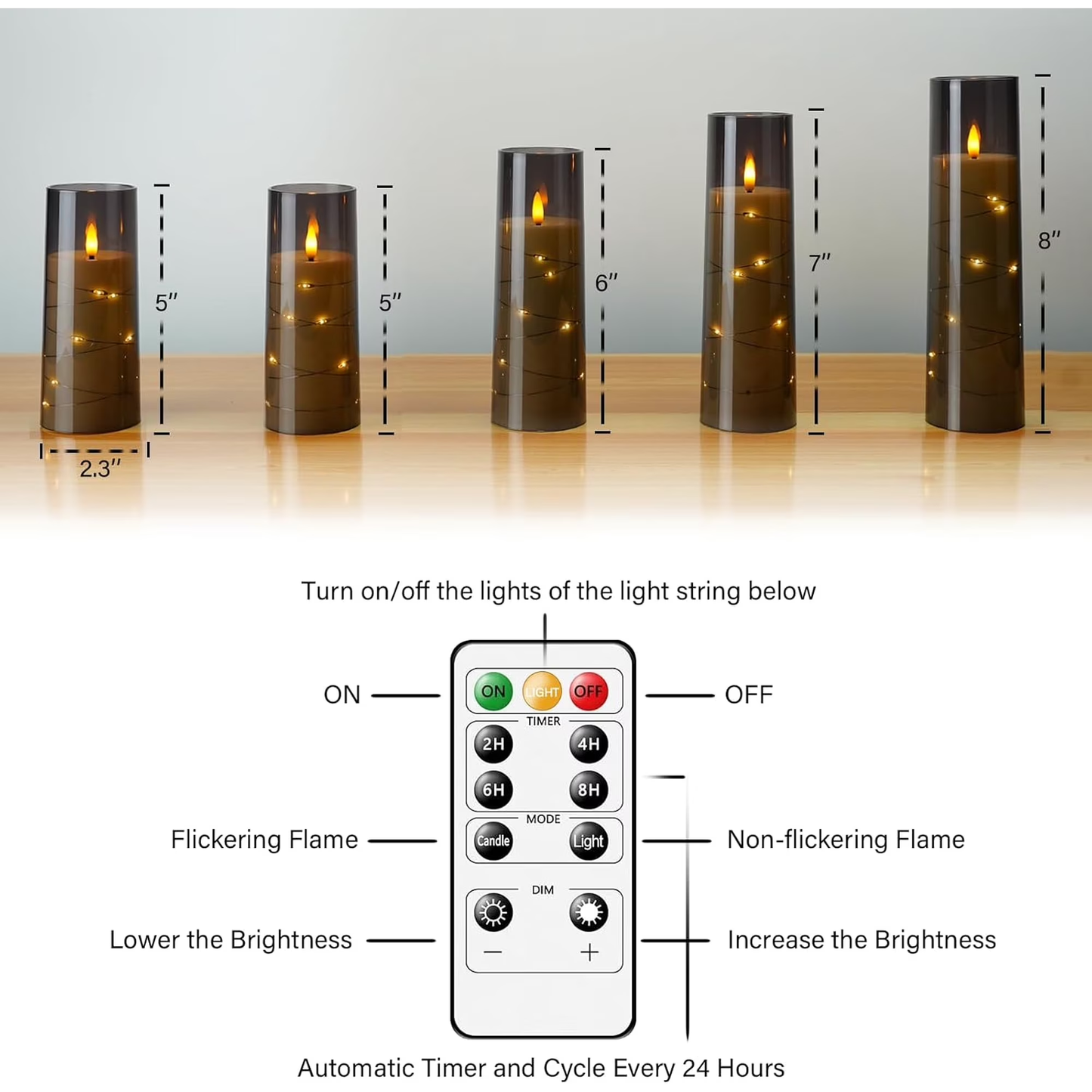 Flameless LED Candles with Timer 5 Pc Flickering Flameless Candles for Romantic Ambiance and Home Decoration Stable Acrylic Shell,with Embedded Star String，Battery Operated Candles（Grey）