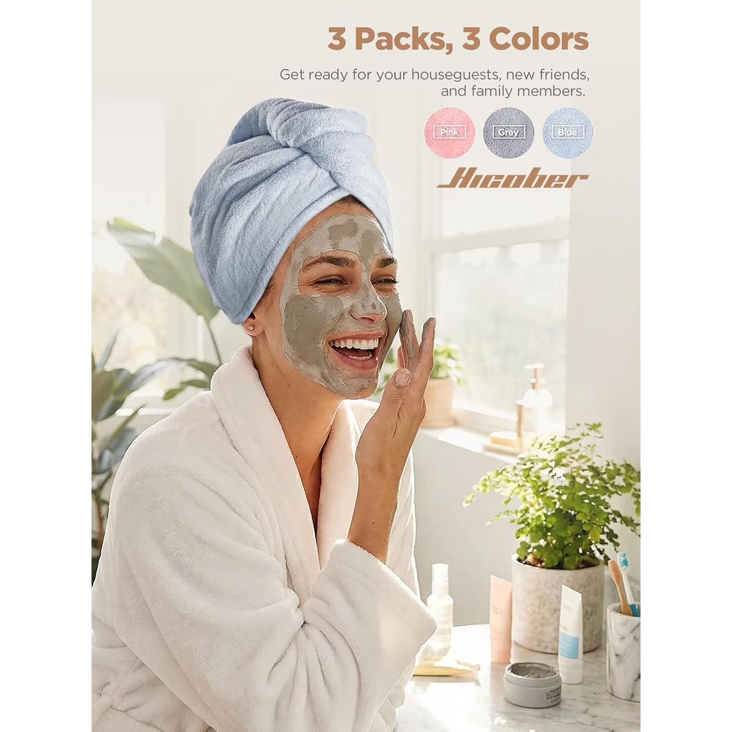 Microfiber Hair Towel Wrap, Fast Drying Hair Towels for Women, Soft Lightweight Quick Dry Turban for Curly & Long Hair–3 Pack(Blue/Grey/Pink)