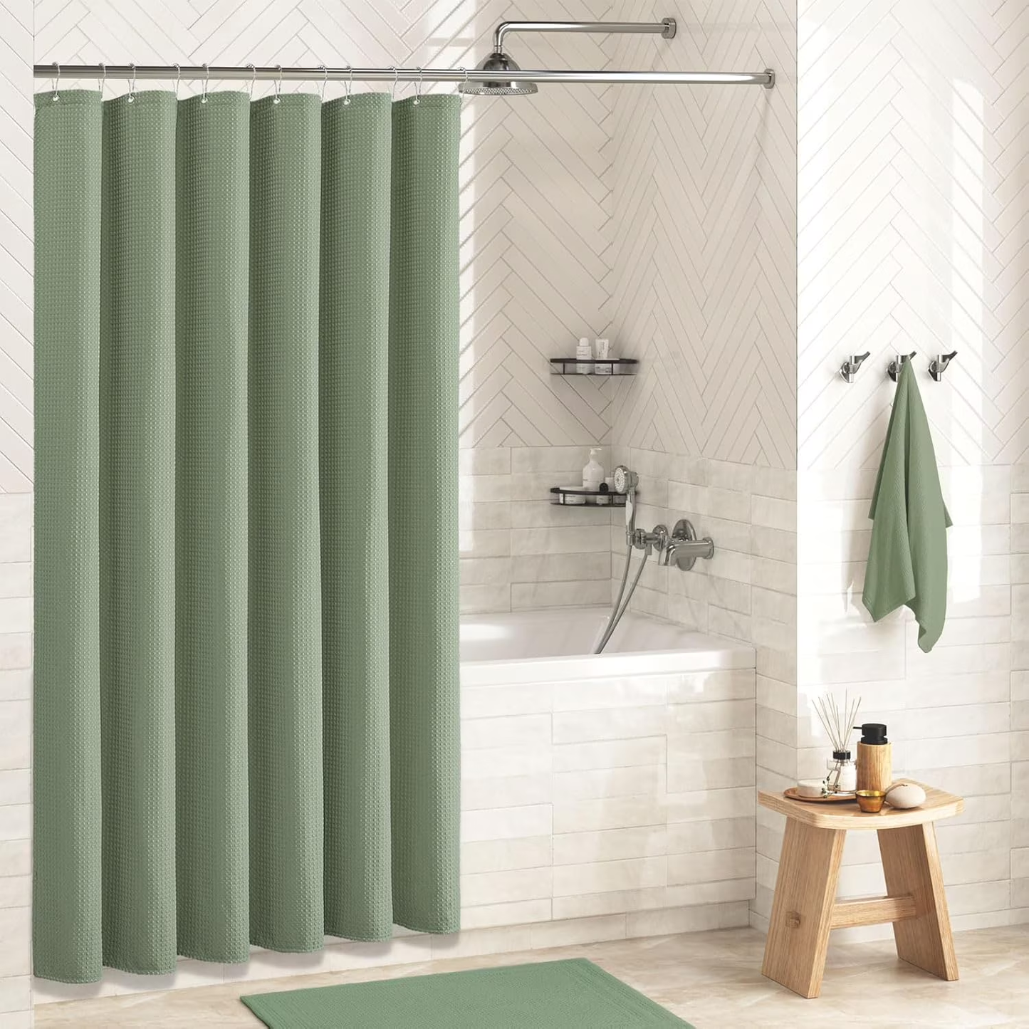 Shower Curtain sage green curtains bathroom curtain Waffle Textured Heavy Duty Thick Fabric Shower Curtains for Bathroom, Luxury Weighted Polyester Cloth Bath Curtain ,72Wx72H,Green