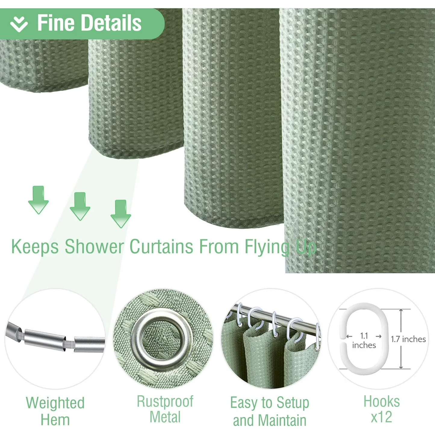 Shower Curtain sage green curtains bathroom curtain Waffle Textured Heavy Duty Thick Fabric Shower Curtains for Bathroom, Luxury Weighted Polyester Cloth Bath Curtain ,72Wx72H,Green