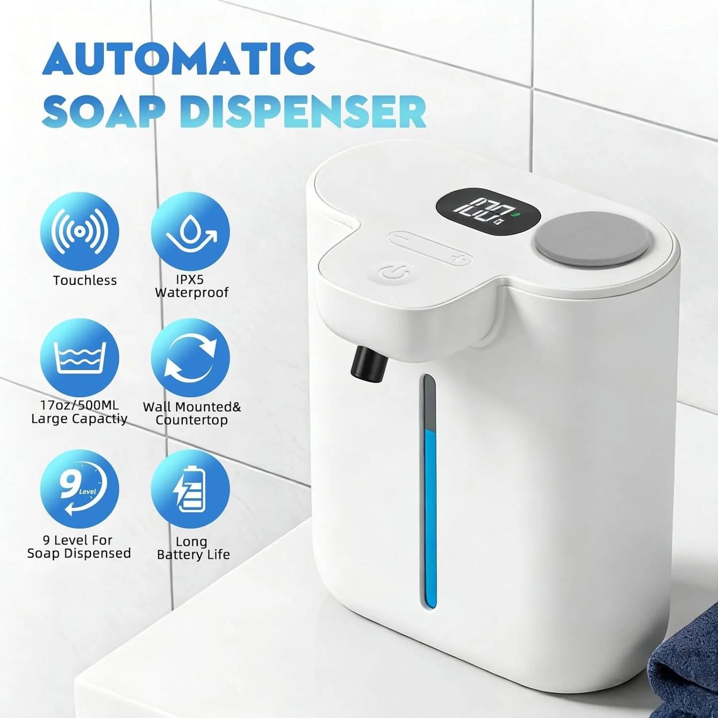 Zhue Automatic Soap Dispenser Touchless, Hands-Free, Multi Adjustable Volume, Long Battery Life, Compatible with Thick & Thin Dish/Hand Soap for Bathroom and Kitchen, Easy for Toddlers, White