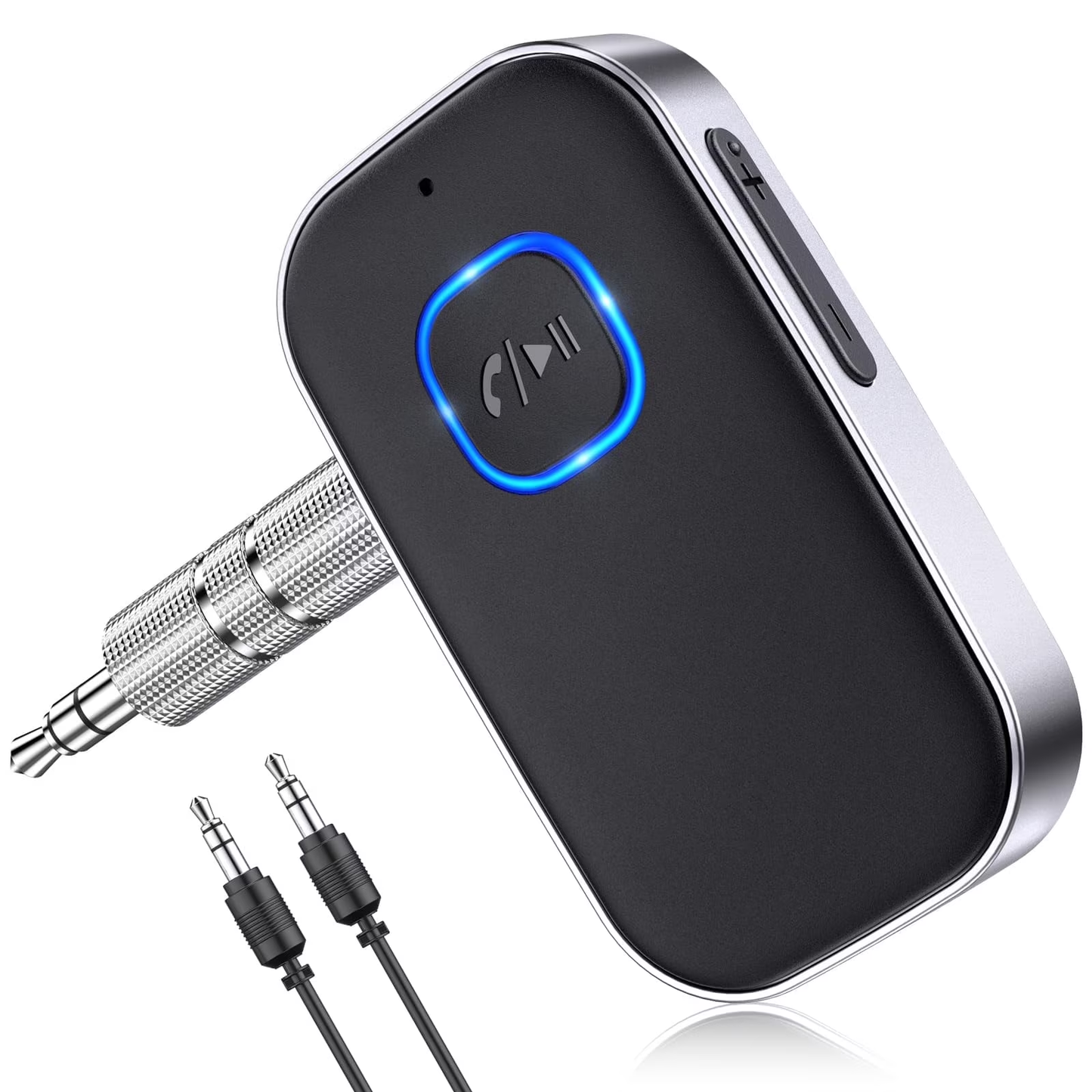 Bluetooth Receiver for Car, Noise Cancelling 3.5mm AUX Bluetooth Car Adapter, Wireless Audio Receiver for Home Stereo/Wired Headphones, Hands-Free Call, 16H Battery Life - Black+Silver