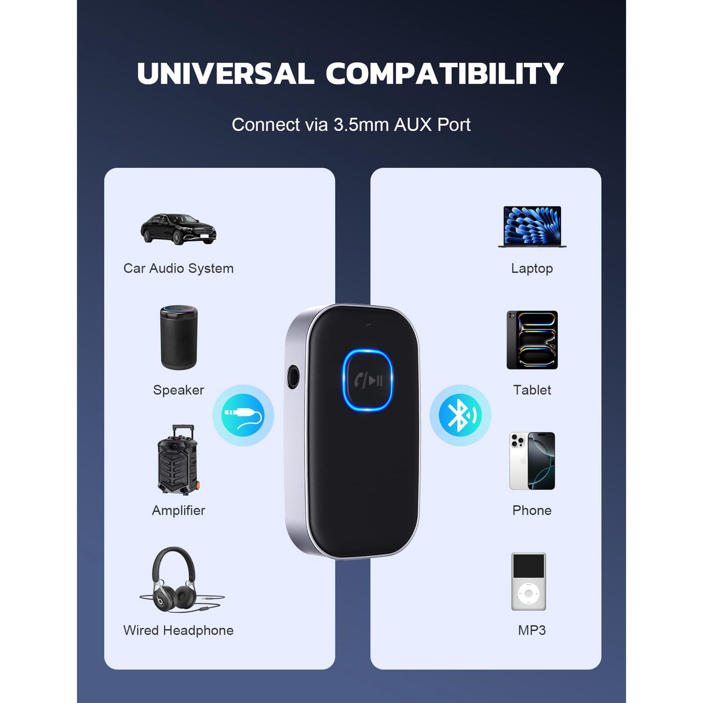 Bluetooth Receiver for Car, Noise Cancelling 3.5mm AUX Bluetooth Car Adapter, Wireless Audio Receiver for Home Stereo/Wired Headphones, Hands-Free Call, 16H Battery Life - Black+Silver