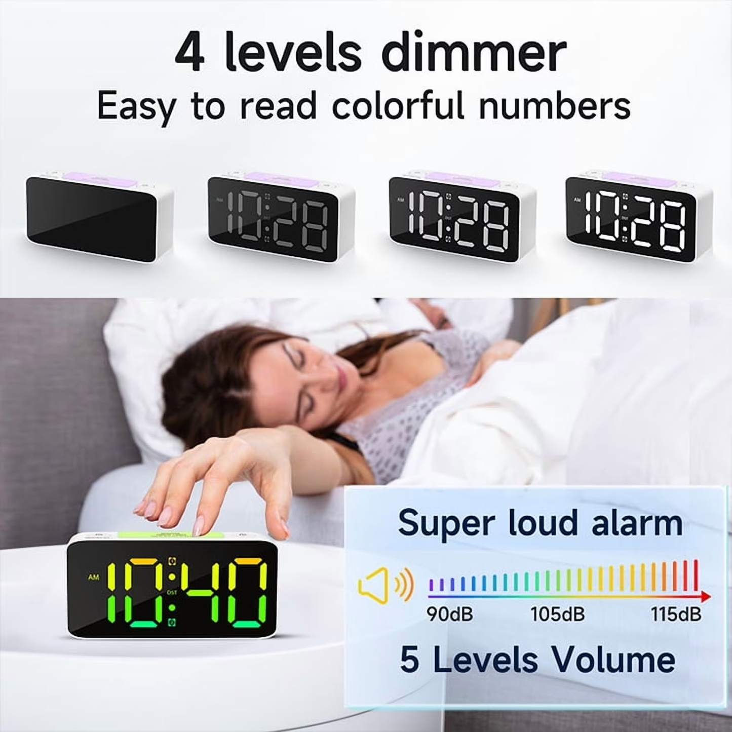 Super Loud Alarm Clock for Heavy Sleepers Adults,Digital Clock with 7 Color NightLight,Adjustable Volume, Charging Cable,Small Clocks for Bedrooms,Ok to Wake Up for People (White+RGB)