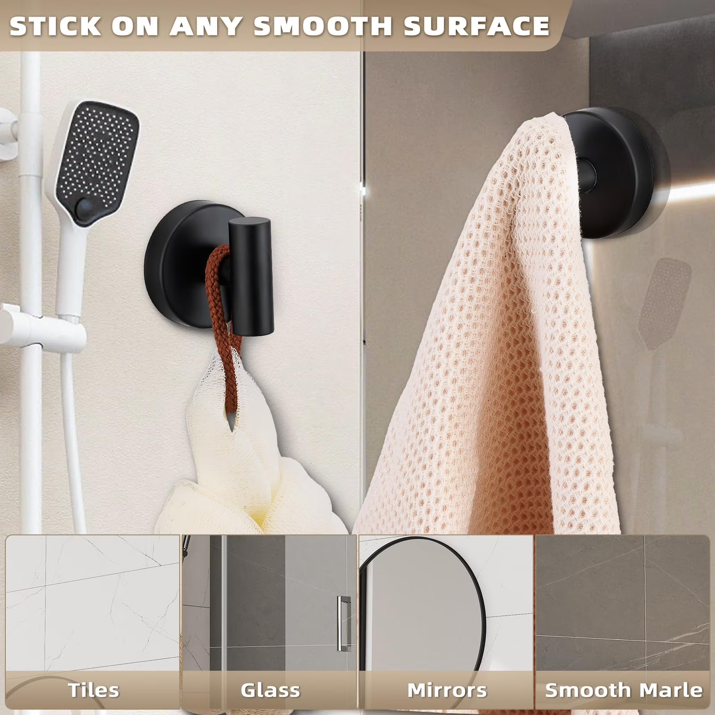Suction Cup Hooks for Shower,Heavy Duty Shower Towel Suction Hooks,No Drill Wall Mounted Towel Hooks for Bathrooms Wall,Kitchen,Glass,Mirror,Tile to Hang Towels,Robes,Matte Black 4 Pack