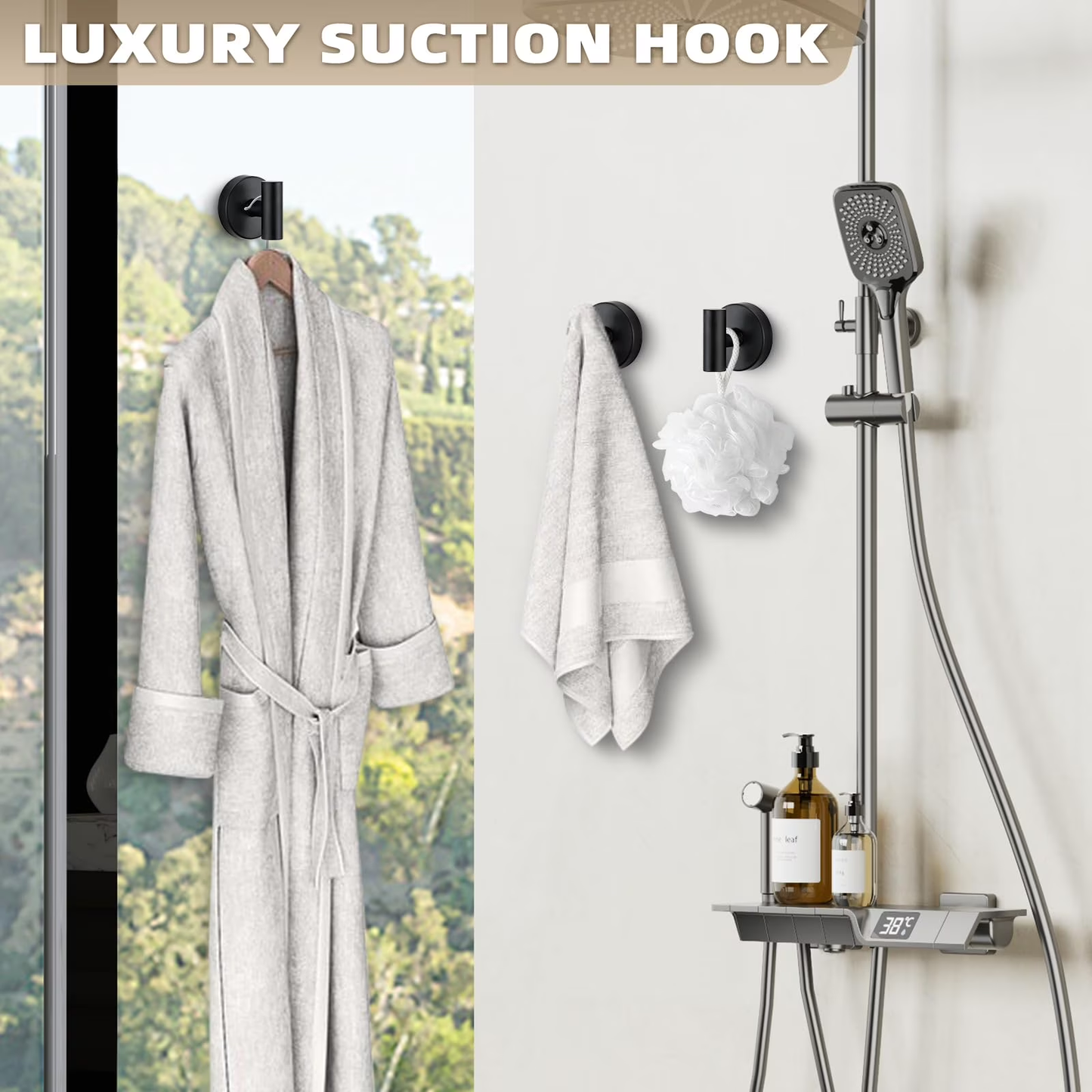 Suction Cup Hooks for Shower,Heavy Duty Shower Towel Suction Hooks,No Drill Wall Mounted Towel Hooks for Bathrooms Wall,Kitchen,Glass,Mirror,Tile to Hang Towels,Robes,Matte Black 4 Pack